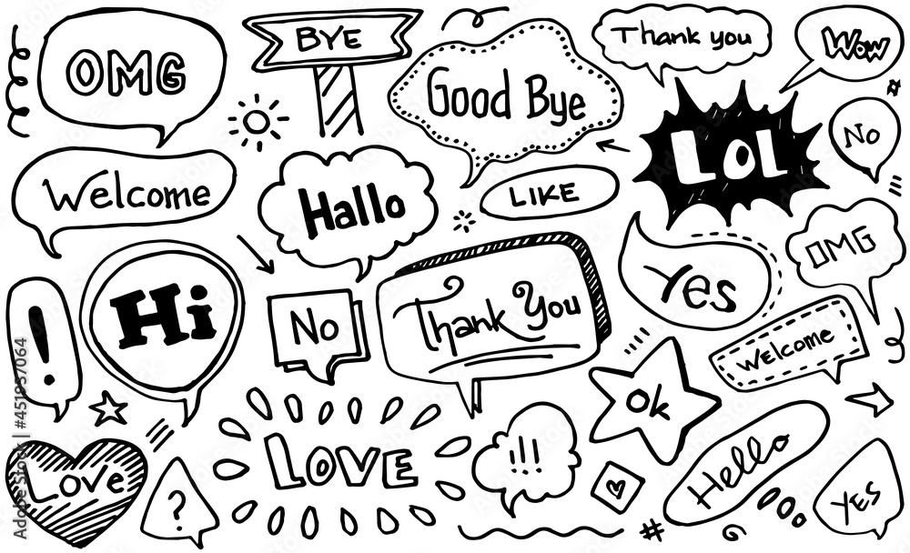 Hand drawn set of cute speech bubbles with text in doodle style. vector illustration