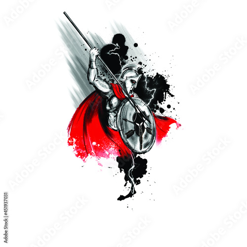 Sparta Warrior Tattoo with Red Cape , Shield and Spear