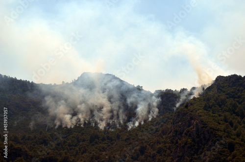 Wildfire in the forest near a resort town Icmeler, Turkey. Summer 2021