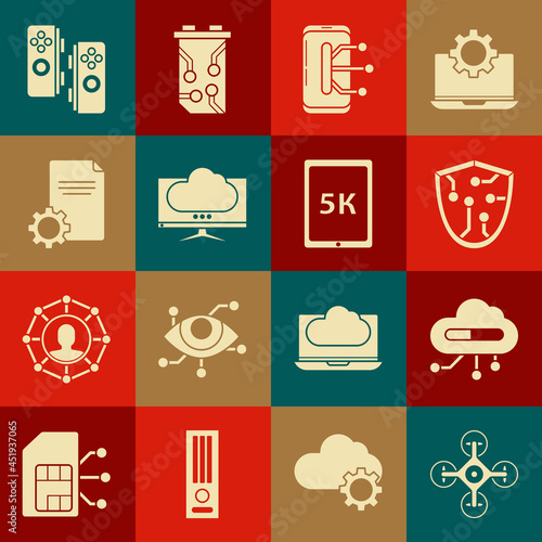 Set Drone, Internet of things, Cyber security, Smartphone, mobile phone, Computer monitor screen, File document, Gamepad and Tablet with text 5k icon. Vector