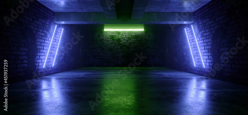 Fototapeta Naklejka Na Ścianę i Meble -  Showcase Neon Club Retro Brick Walls Concrete Grunge Underground Club Dark Cyber Green Blue Lights Hangar Car Parking Room Tunnel Corridor Hallway 3D Rendering