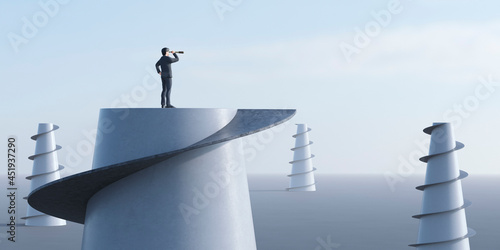 高い塔の頂上で望遠鏡をのぞき込むビジネスマン / 未来への展望・長期的視野・大局的視点・戦略的思考の3Dレンダリンググラフィックス photo