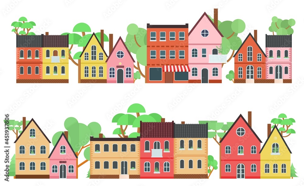 Town street view with cute colorful tiny houses. Vector clip art with buildings facades. Small houses with chimney and balcony and trees on the background. Big collection