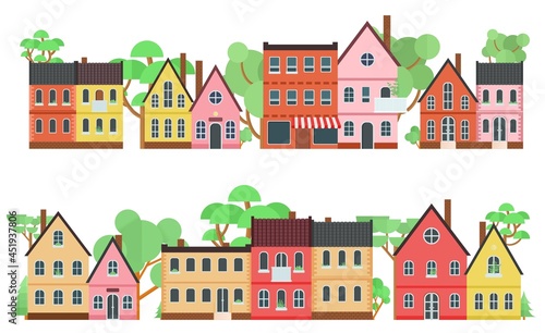 Town street view with cute colorful tiny houses. Vector clip art with buildings facades. Small houses with chimney and balcony and trees on the background. Big collection