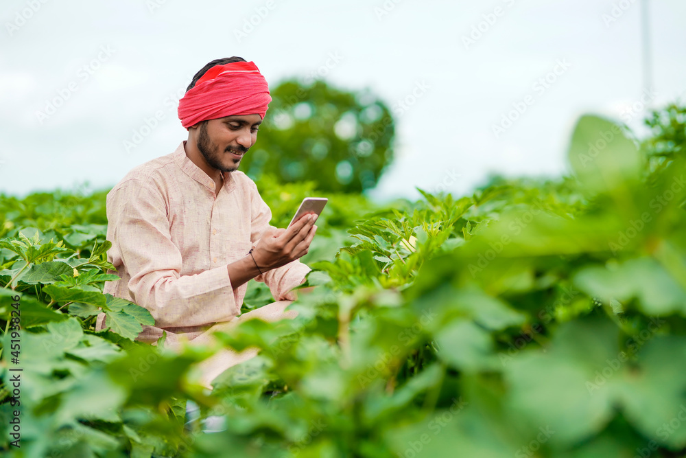 Indian farmer using smartphone at agriculture field. Indian farmer using smartphone at agriculture field.
