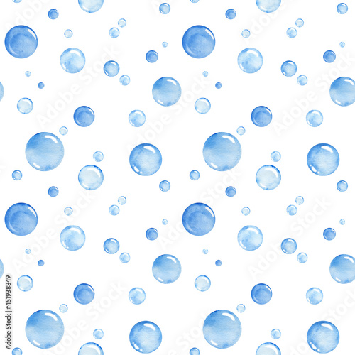 Watercolor blue circles seamless pattern. Hand drawn round shapes background. Painted water bubbles. Undersea design