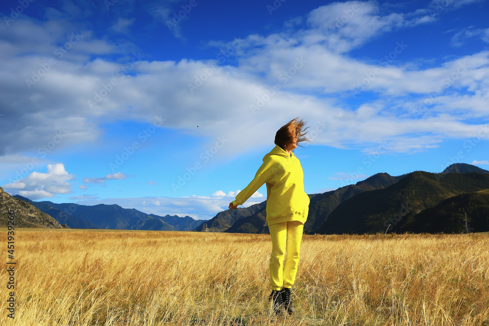 field mountains jumping girl active lifestyle outdoor, freedom happiness summer