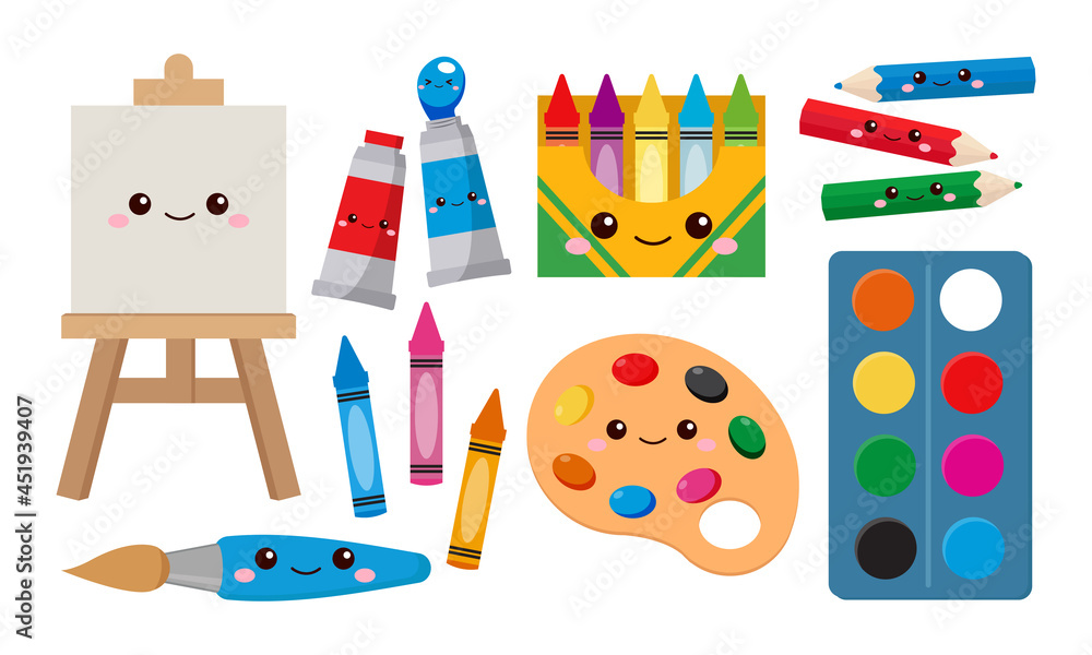 Set of kawaii art supplies. Flat vector cartoon design Stock Vector