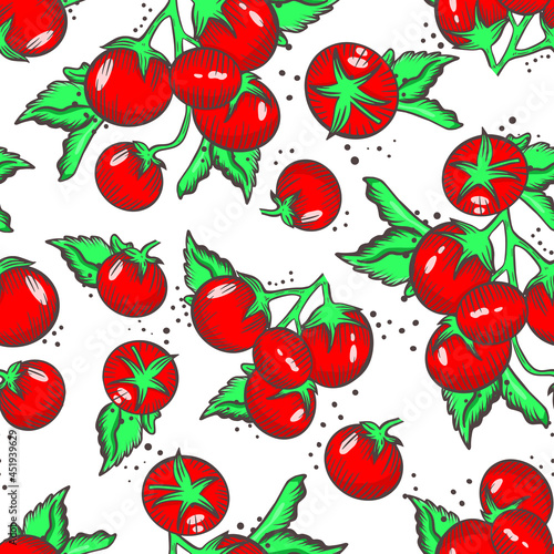 Background with cherry tomatoes vector illustration. Seamless pattern with organic healthy food. Red vegetables tomato and salad leaves. Template for packaging or design.