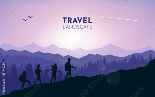 Team of hikers climb mountains. Teamwork. Travel concept of discovering, exploring and observing nature. Hiking tourism. Adventure. Minimalist graphic flyer. Polygonal flat design. Vector illustration