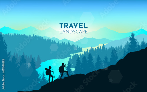 Couple climbers. Climbing to top at dawn. Travel concept of discovering, exploring and observing nature. Hiking tourism. Adventure. Minimalist graphic flyer. Polygonal flat design. Vector illustration