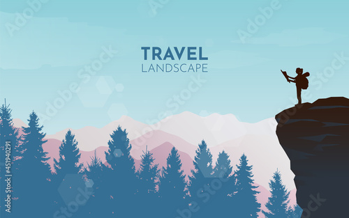 Girl at top of mountain looks at a map. Travel concept of discovering, exploring and observing nature. Hiking tourism. Adventure. Minimalist graphic flyer. Polygonal flat design. Vector illustration