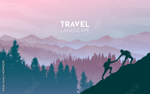 Extreme mountain climbing. Helping hand. Travel concept of discovering, exploring and observing nature. Hiking tourism. Adventure. Minimalist graphic flyer. Polygonal flat design. Vector illustration