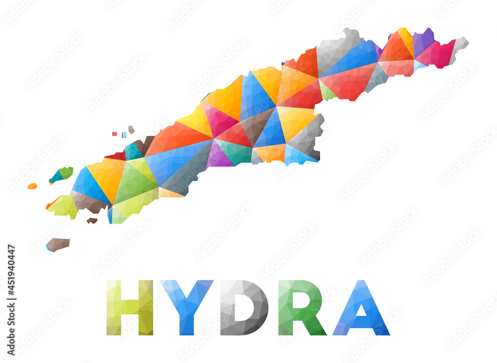Hydra - colorful low poly island shape. Multicolor geometric triangles. Modern trendy design. Vector illustration.