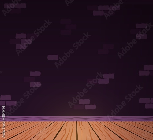 Empty dark room with wood floor and brick wall. Perspective scene in an empty room with wooden floor. Vector cartoon illustration.