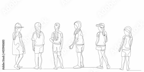 one line drawing children, guys isolated vector