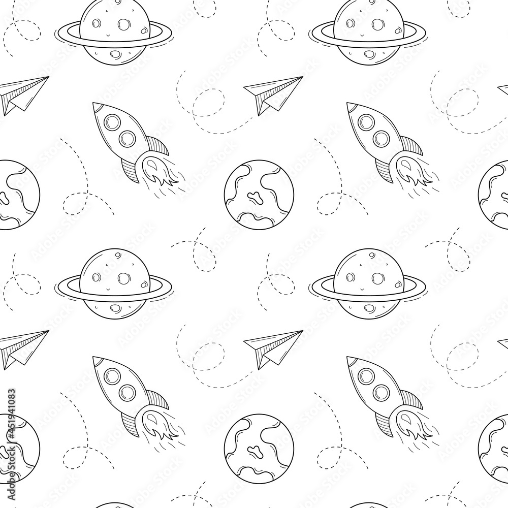 Seamless pattern with space objects, rocket, plane, air trail, planet, earth, saturn. Hand-drawn outline elements. Monochrome design. Black and white vector illustration on a white background.