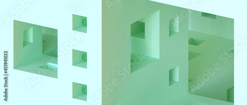 Abstract architecture Background and Minimal Geometric shapes with Origami Paper art on Green. website, banner, Copy Space -3d Rendering