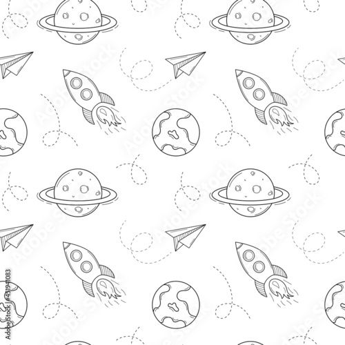 Seamless pattern with space objects, rocket, plane, air trail, planet, earth, saturn. Hand-drawn outline elements. Monochrome design. Black and white vector illustration on a white background.