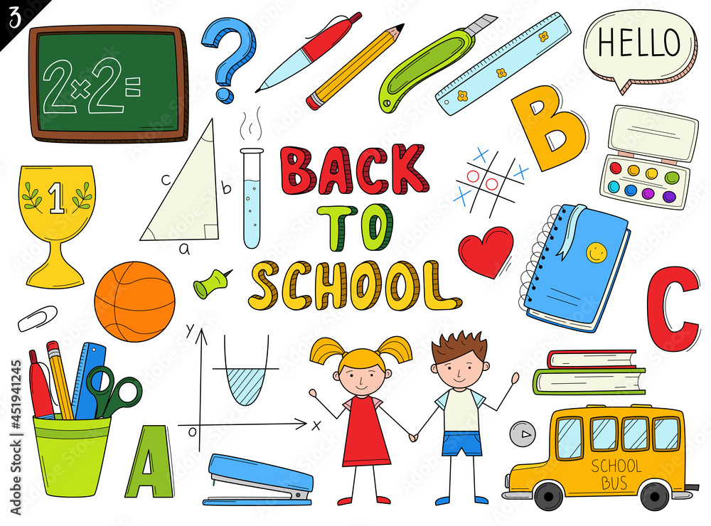 Set of doodle outline icons back to school. School items, supplies, stationery, Hand-drawn black and white vector illustration. Design elements are isolated on a white background Set of doodle outline icons back to school. School items, supplies, stationery, Hand-drawn black and white vector illustration. Design elements are isolated on a white background