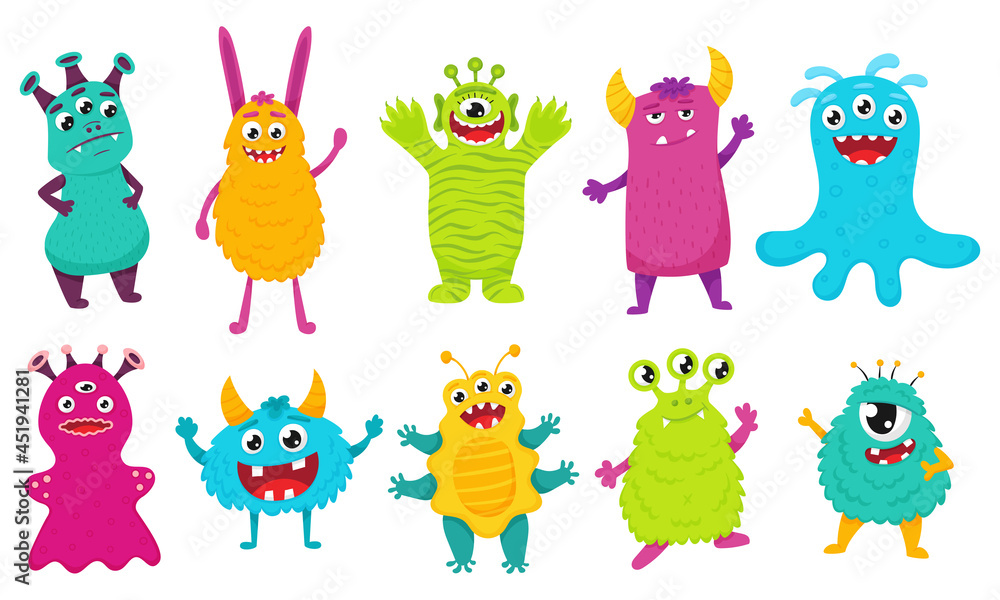 Obraz premium A set of cute monsters. Bright cartoon characters. Children's vector illustration. Flat style, isolated on a white background.