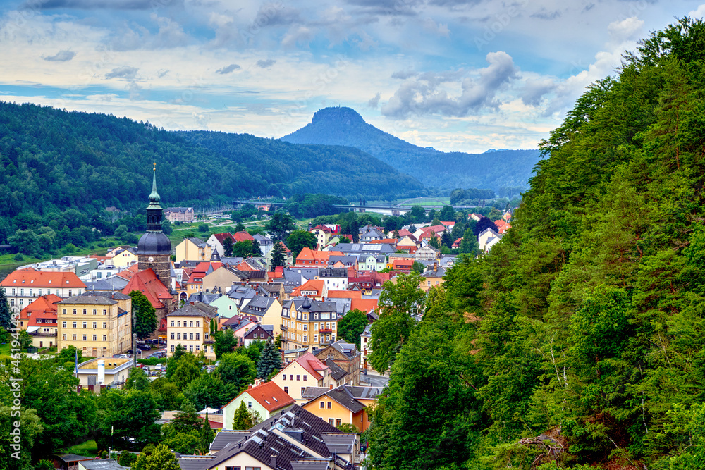 Aerial view of Bad Schandau in Saxon Switzerland with a table mountain in the background