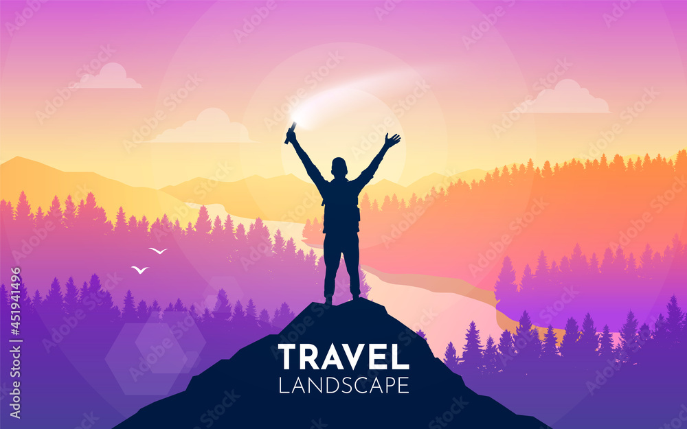 Man on top. Holding firecracker in his hand. Travel concept of discovering, exploring, and observing nature. Hiking tourism. Adventure. Minimalist graphic flyer. Polygonal flat design. Vector