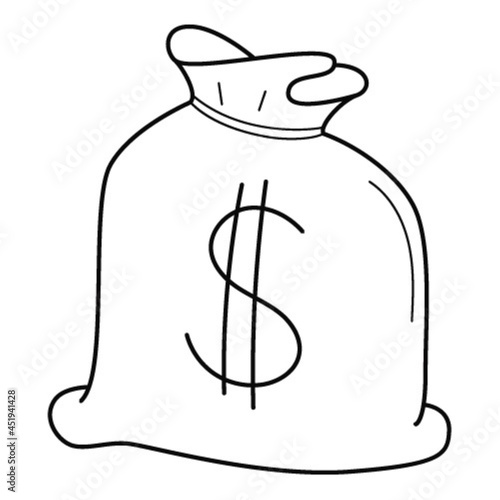 A closed bag of money with a dollar sign. Bank collection, a symbol of wealth, income, prosperity. Linear icon. Hand-drawn black and white vector illustration. Isolated on a white background.