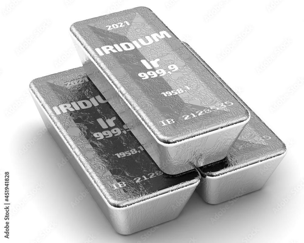 Iridium. Ingots of the highest standard. There are three ingots of 999.9 Fine Iridium bars on white background. 3D illustration Iridium. Ingots of the highest standard. There are three ingots of 999.9 Fine Iridium bars on white background. 3D illustration