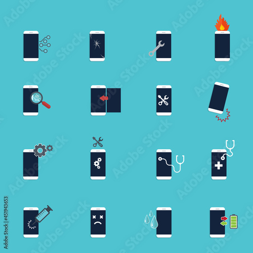 Mobile Phone repair, Smartphone Repair Icon Set. Vector Illustration