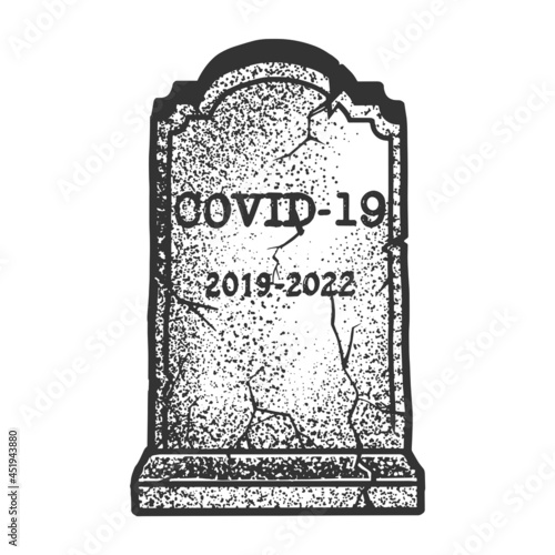 gravestone of covid sketch engraving vector illustration. T-shirt apparel print design. Scratch board imitation. Black and white hand drawn image.