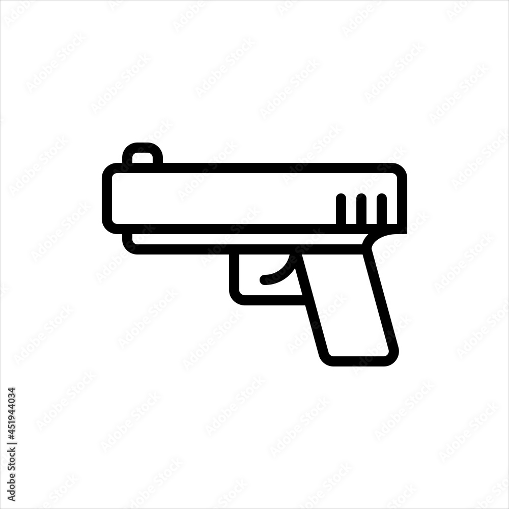 Pixel perfect black thin line icon of pistol. Editable stroke vector 64x64 pixels. Scale 5000% preview. Shooting gun concept. Modern military weapon sign. Firearm symbol. Outline linear pictogram Pixel perfect black thin line icon of pistol. Editable stroke vector 64x64 pixels. Scale 5000% preview. Shooting gun concept. Modern military weapon sign. Firearm symbol. Outline linear pictogram