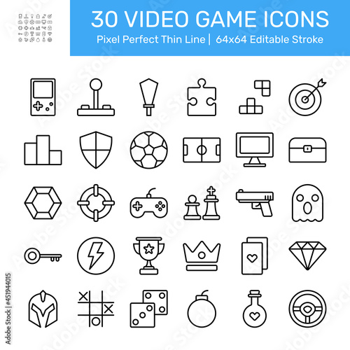 Pixel perfect black thin line icon set of a video game. Editable stroke vector 64x64 pixels. Collection of gaming objects. Pack of game related symbols. Simple outline linear pictogram for web and app