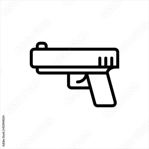 Pixel perfect black thin line icon of pistol. Editable stroke vector 64x64 pixels. Scale 5000% preview. Shooting gun concept. Modern military weapon sign.  Firearm symbol. Outline linear pictogram