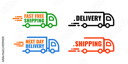 Set icon car delivery. Banner with text. Next day delivery. Fast free shipping.