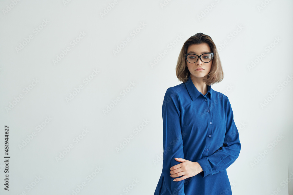 Business woman wearing glasses blue shirt fashion elegant style Business woman wearing glasses blue shirt fashion elegant style