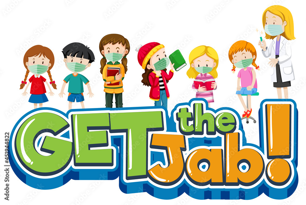 Get the Jab font banner with doctor and many kids cartoon character - obrazy, fototapety, plakaty 