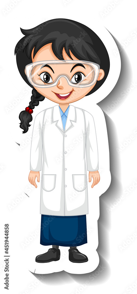 Cartoon character sticker with a girl in science gown Cartoon character sticker with a girl in science gown