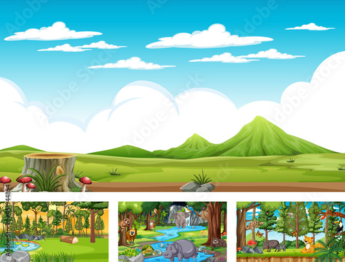 Set of different nature horizontal scene with various wild animals