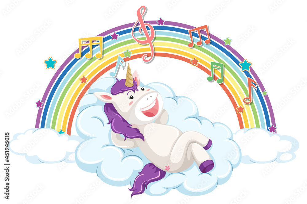 Unicorn laying on cloud with rainbow and melody symbol Unicorn laying on cloud with rainbow and melody symbol