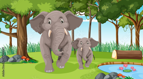 Elephant mom and baby in forest or rainforest scene with many trees