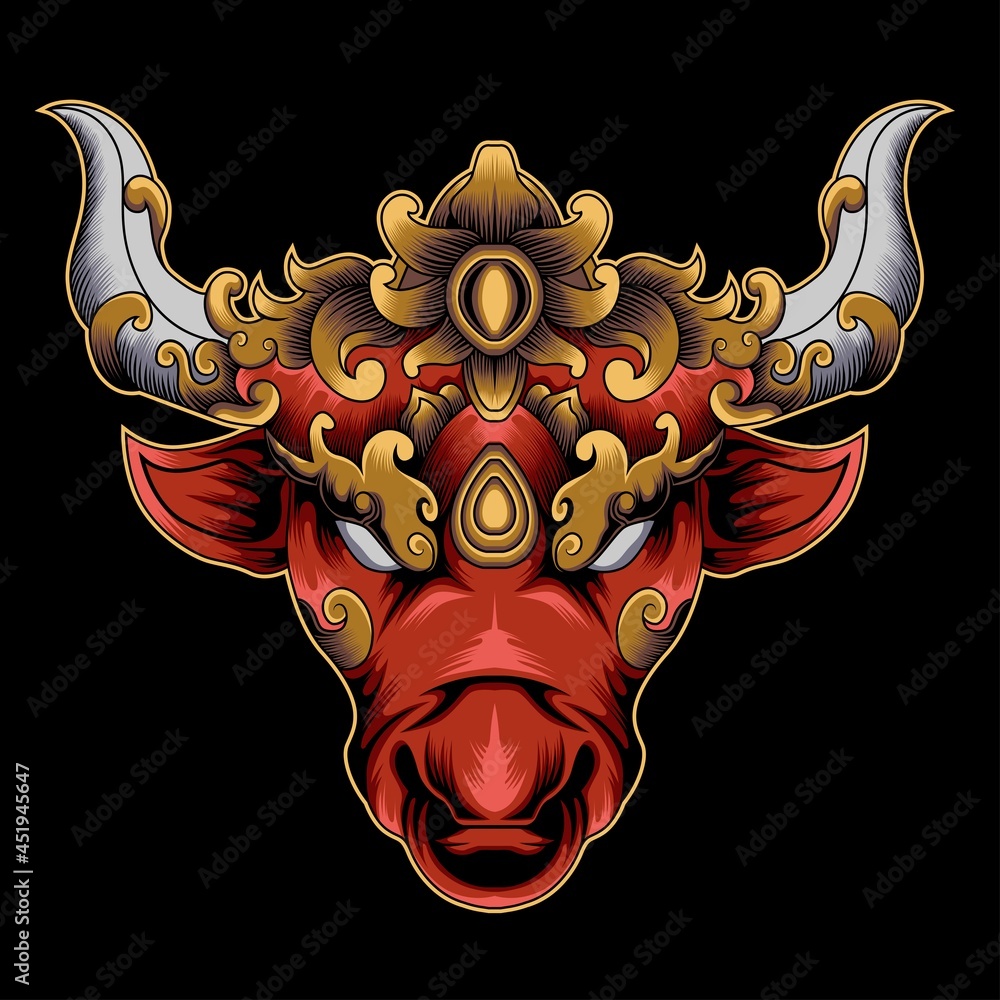 Vintage strong red bull head on dark background isolated vector