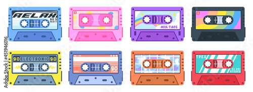 Retro cassettes with music. Old audio cassettes of the 90s, vintage radio cassette, with music from the 1970s and 1980s, Colorful multicolored bright cassettes, Each isolated on a white background