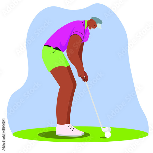One Man Golf golfer golfing Flat Design isolated Vector Illustration. Professional player practicing confidence. Sport, motion, action concept.