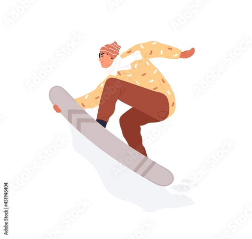 Happy man riding snowboard. Snowboarder jumping up and holding snow board wit...
