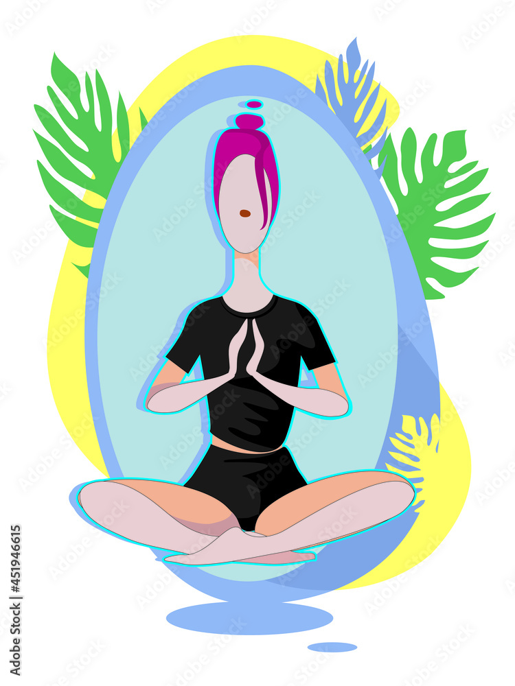 Yoga. girl in yoga lotus pose. Practicing yoga. Young and happy woman meditates. Vector illustration. Lotus position silhouette