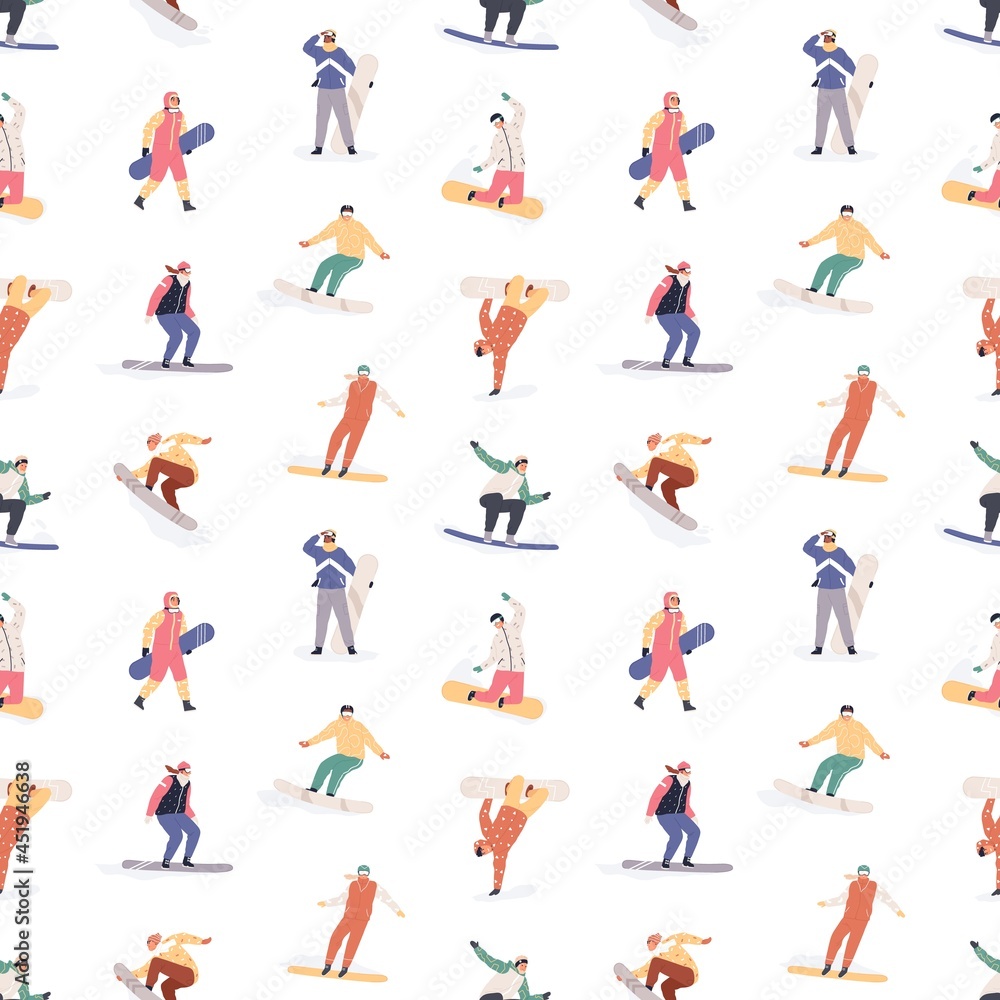 Seamless pattern with snowboarders on white background. Happy people riding snowboards in winter. Endless repeatable design with characters on snow boards. Flat vector illustration for printing