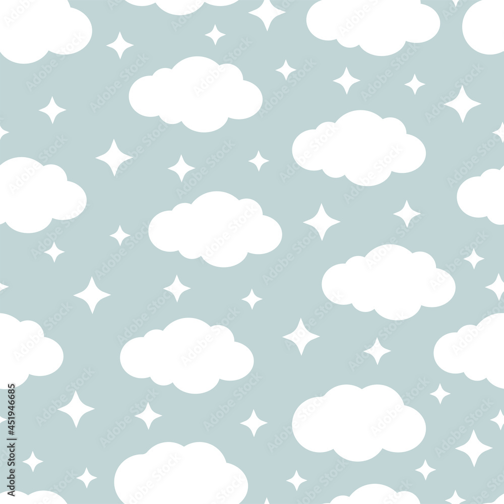 Cute seamless pattern with clouds and white stars on a grey background. Vector illustration for fabrics, textures, wallpapers, posters, postcards. Childish fun print. Editable elements.