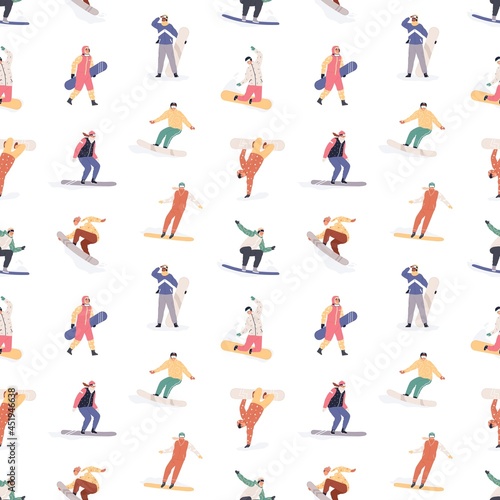 Seamless pattern with snowboarders on white background. Happy people riding s...