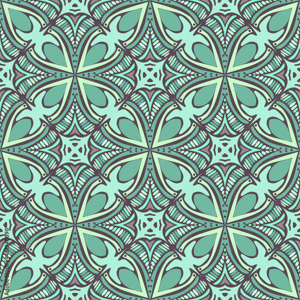 Fototapeta premium Seamless pattern with Decor tile, mosaic oriental ornament. Vector illustration for designing posters, cards, prints, stickers, fabric, textile, gift paper, scrapbooking.